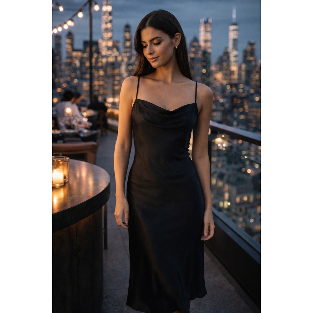 Rimini by‎ Shaw Silk Midi Slip Dress Cowl Neck Black Size 8